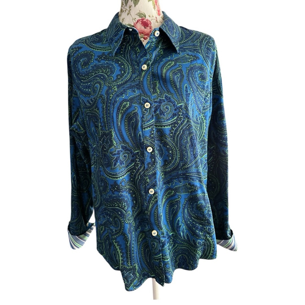 Liz Claiborne long sleeve paisley dark blue deep color pattern fun cuff pattern